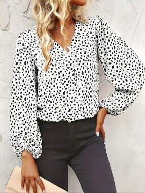 White & Black Dotted V-Neck Long Wide Sleeve Top, Size Medium